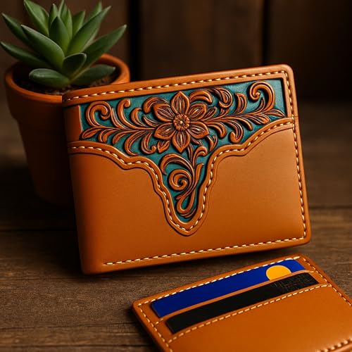 Men’s Western Leather Wallet – Laser Cut Floral Design, Bi-Fold Cowboy Rodeo Style