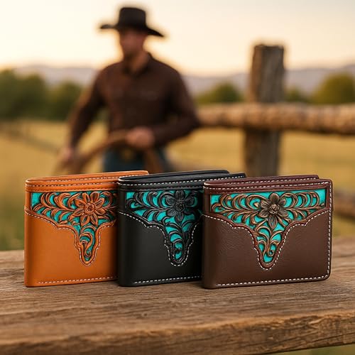Men’s Western Leather Wallet – Laser Cut Floral Design, Bi-Fold Cowboy Rodeo Style