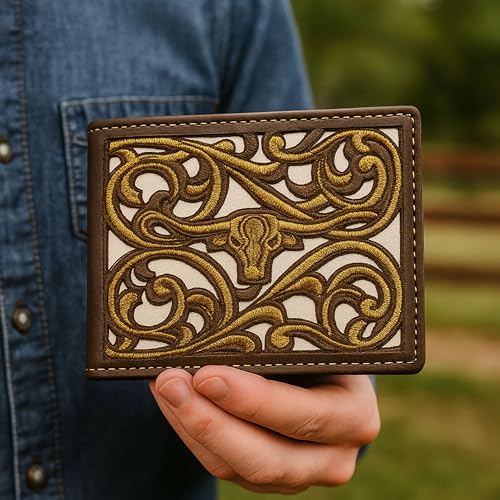 Western Stakes Men’s Leather Bifold – Embroidered Longhorn, Contrast-Stitched Card Holder