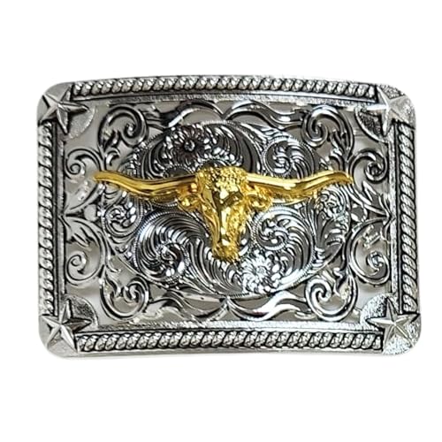 Custom Cowboy Rectangle Silver Belt Buckles For Men Floral Gold Concho