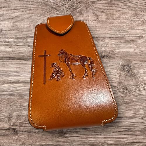 Western Leather Phone Belt Holster Emboss Cowboy Praying at Cross