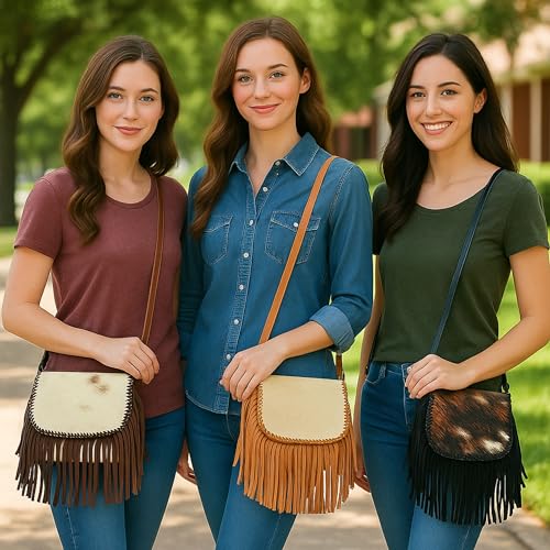 Western Stakes Cowhide & Tooled Leather Crossbody Purse with Fringe – Adjustable Strap