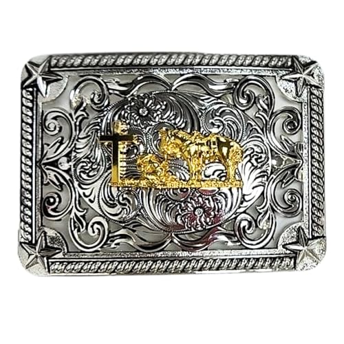 Custom Cowboy Rectangle Silver Belt Buckles For Men Floral Gold Concho