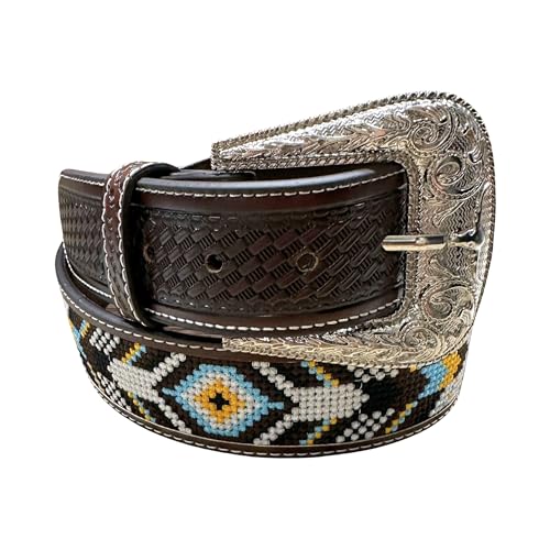 Leather Western Belts For Men Cowboy Tapestry Aztec Embroidered Large Buckle