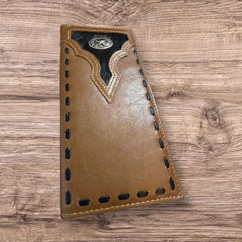 Leather Long Wallet Cowhair Horseshoe Lone Star Cowhide Bi Fold Hand Crafted High End Smooth Leather