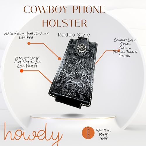 Leather Phone Belt Holster Pouch Embossed Tooled Floral Lonestar Concho