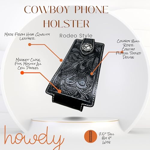 Western Stakes Leather Phone Holster Embossed Tooled Floral Cowboy Rodeo