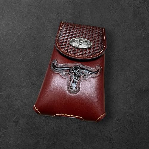 Western Stakes Western Leather Phone Belt Holster Cell Phone Case Pouch Embossed Tooled Longhorn Cowboy Concho High End Case for iPhone Samsung Universal