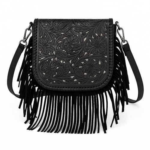 Western Tooled Floral Crossbody Purse – Leather Fringe Bag with Drop Strap & Zipper Pocket
