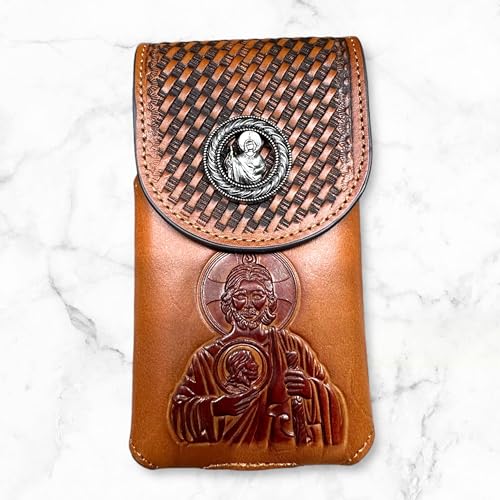 Western Leather Phone Belt Holster Embossed Tooled Saint Jude