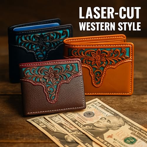 Men’s Western Leather Wallet – Laser Cut Floral Design, Bi-Fold Cowboy Rodeo Style