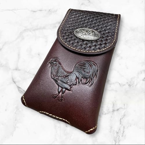 Western Stakes Western Leather Phone Belt Holster Cell Phone Case Pouch Embossed Tooled Rooster Concho Universal