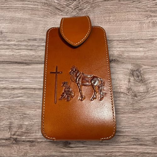 Western Leather Phone Belt Holster Emboss Cowboy Praying at Cross