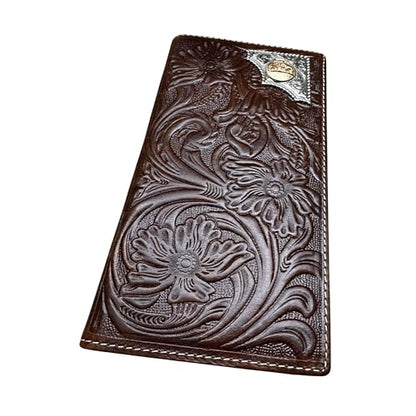 Western Stakes Leather Bi Fold Long Wallet Cowboy Praying at Cross Concho Tooled Floral Embossed