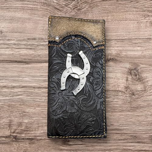 Leather Bi Fold Long Wallet Double Horse Shoe Concho Floral Black Made In Mexico High End