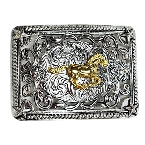 Custom Cowboy Rectangle Silver Belt Buckles For Men Floral Gold Concho