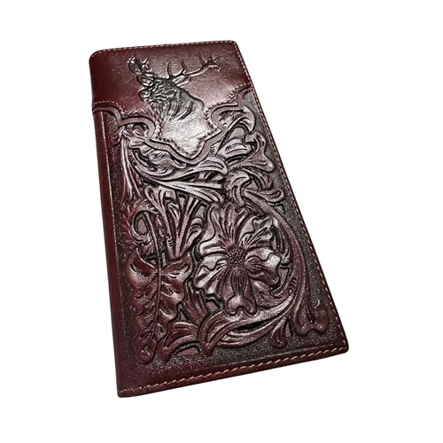 Leather Long Wallet Floral Embossed Deer Buck Bi Fold Hand Crafted Mens Wallets