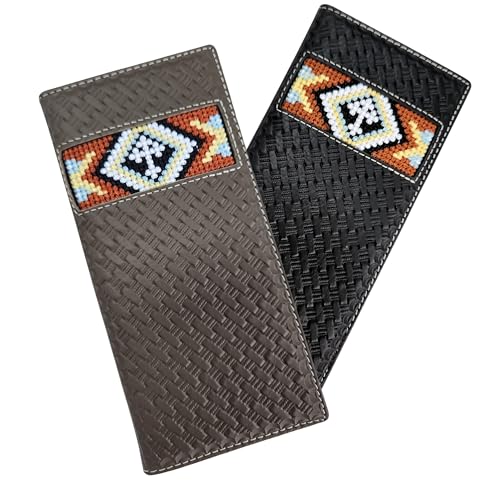 Western Stakes Leather Bi Fold Mens Long Wallet Tapestry Diamond Cross Design Hand Crafted Rodeo Wallet