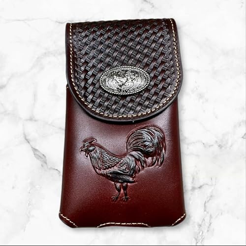 Western Stakes Western Leather Phone Belt Holster Cell Phone Case Pouch Embossed Tooled Rooster Concho Universal