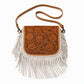 Western Tooled Floral Crossbody Purse – Leather Fringe Bag with Drop Strap & Zipper Pocket