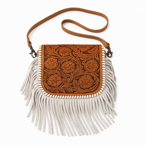 Western Tooled Floral Crossbody Purse – Leather Fringe Bag with Drop Strap & Zipper Pocket
