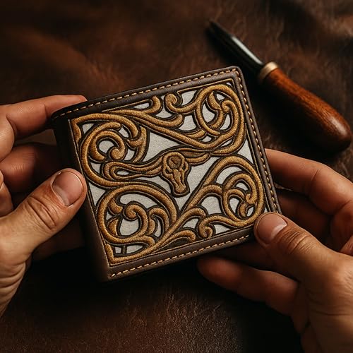 Western Stakes Men’s Leather Bifold – Embroidered Longhorn, Contrast-Stitched Card Holder