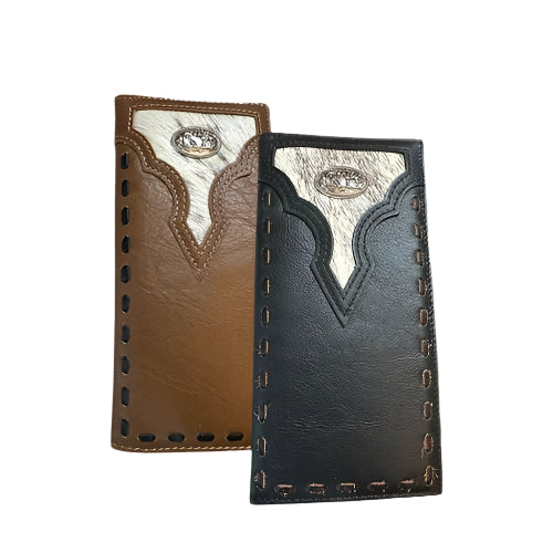 Leather Long Wallet Cowhair Cowboy Praying At Cross Concho Stich Accent