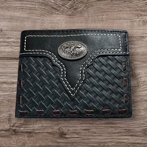 Leather Wallet Basketwave Cowboy Texas Longhorn Concho Bi Fold High End