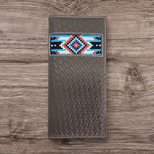 Western Stakes Leather Bi Fold Mens Long Wallet Tapestry Blue Diamond Arrow Design