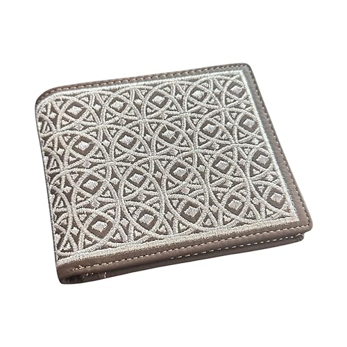 Western Rodeo Leather Bi-Fold Cowboy Wallet with Silver Threaded Diamond Geometric Design
