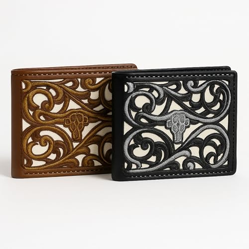 Western Stakes Men’s Leather Bifold – Embroidered Longhorn, Contrast-Stitched Card Holder