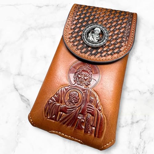 Western Leather Phone Belt Holster Embossed Tooled Saint Jude