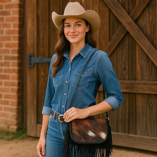 Western Stakes Cowhide & Tooled Leather Crossbody Purse with Fringe – Adjustable Strap – Western Cow Hair Bag (Brown)