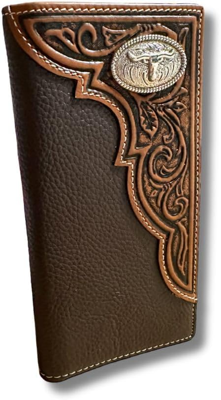 A handcrafted brown coffee leather wallet with intricate embossed designs and a stitched border showcases western charm. This premium Men's Long Wallet Coffee Longhorn Concho by Western Stakes features a detailed, ornate metal emblem with an eagle motif on the upper right corner. The combination of smooth and textured leather adds a rustic, sophisticated look.