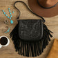 Western Tooled Floral Crossbody Purse – Leather Fringe Bag with Drop Strap & Zipper Pocket