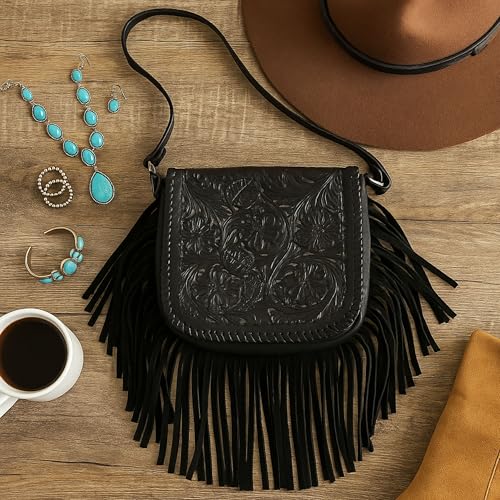 Western Tooled Floral Crossbody Purse – Leather Fringe Bag with Drop Strap & Zipper Pocket