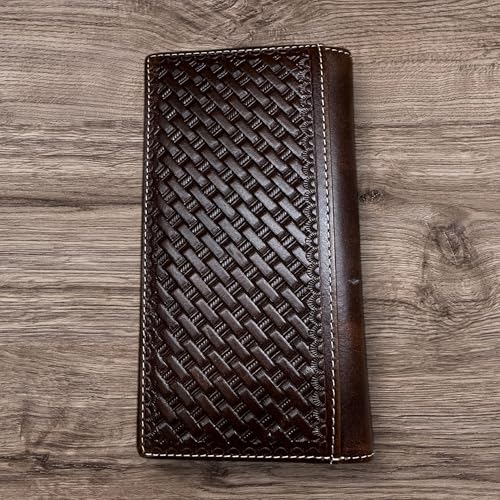 Western Stakes Leather Bi Fold Long Wallet Cowboy Praying at Cross Concho Tooled Floral Embossed