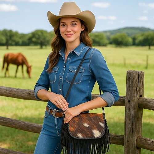 Western Stakes Cowhide & Tooled Leather Crossbody Purse with Fringe – Adjustable Strap