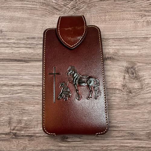 Western Leather Phone Belt Holster Emboss Cowboy Praying at Cross