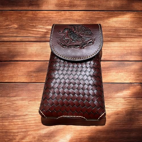 Western Stakes Western Leather Phone Belt Holster Cell Phone Case Pouch Embossed Tooled Golden Eagle Snake Mexico Coat of Arms High End Case for iPhone Samsung Universal