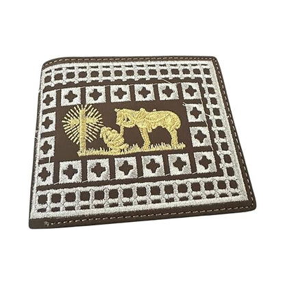 Western Stakes Rodeo Cowboy Bi-Fold Leather Wallet with Gold Cowboy Praying at Cross Design
