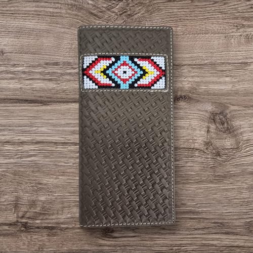 Western Stakes Leather Bi Fold Mens Long Wallet Tapestry Diamond Arrow Design Hand Crafted High End Wallets Leather Gifts For Men