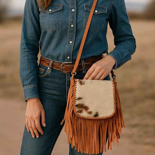 Western Stakes Cowhide & Tooled Leather Crossbody Purse with Fringe – Adjustable Strap – Western Cow Hair Bag (Brown)