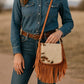 Western Stakes Cowhide & Tooled Leather Crossbody Purse with Fringe – Adjustable Strap