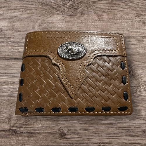 Leather Wallet Basketwave Cowboy Horses Stallion Concho Cowhide Bi Fold Mens Wallet