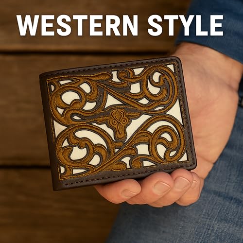 Western Stakes Men’s Leather Bifold – Embroidered Longhorn, Contrast-Stitched Card Holder