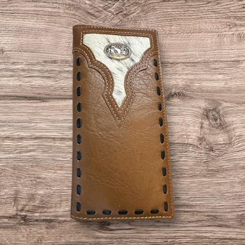 Leather Long Wallet Cowhair Cowboy Praying At Cross Concho Stich Accent