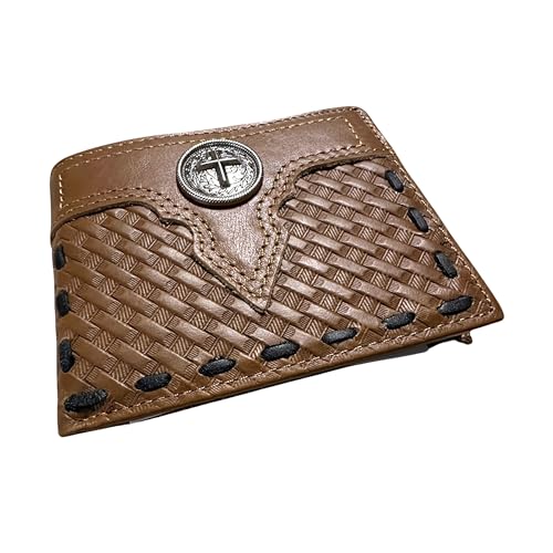 Mens Leather Wallet Basketweave Cowboy Cross Concho Stitched Inlay