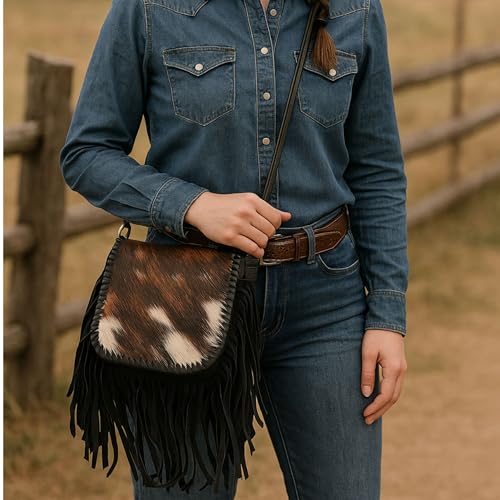 Western Stakes Cowhide & Tooled Leather Crossbody Purse with Fringe – Adjustable Strap