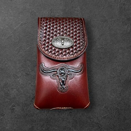 Western Stakes Western Leather Phone Belt Holster Cell Phone Case Pouch Embossed Tooled Longhorn Cowboy Concho High End Case for iPhone Samsung Universal